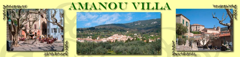 Amanou Villa – Seillans village square, the hilltop village above olive groves, and a Seillans street